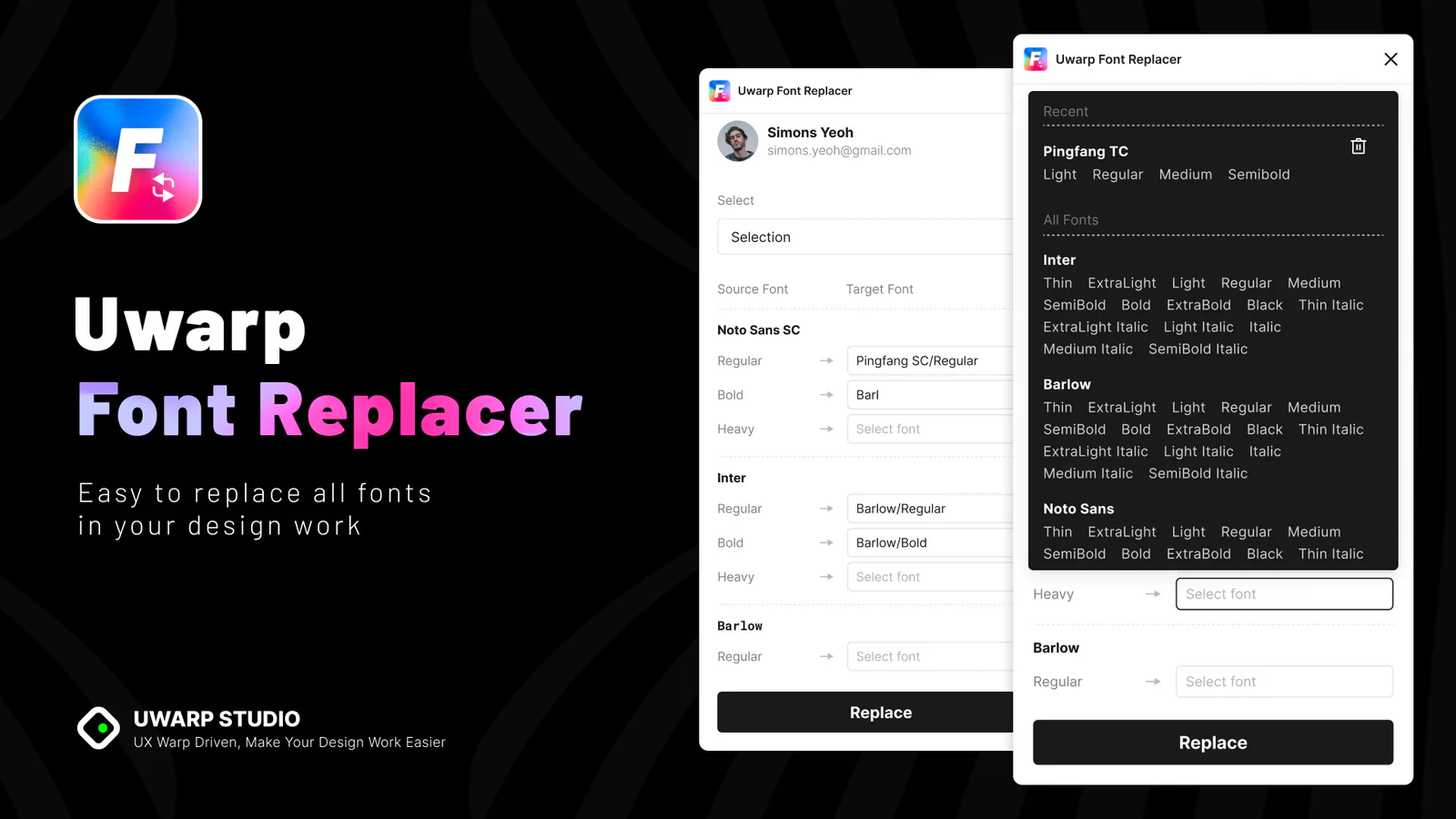 Uwarp Font Replacer – Replace Fonts, Font Swap & Batch Change in Figma Figma 插件详情预览图