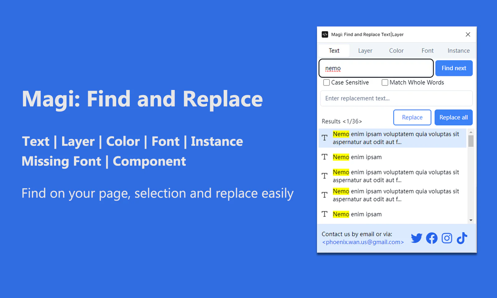 🔥Magi: Find and Replace (Text, Layer, Color, Font, Instance, Missing Font & Component) Figma 插件详情预览图