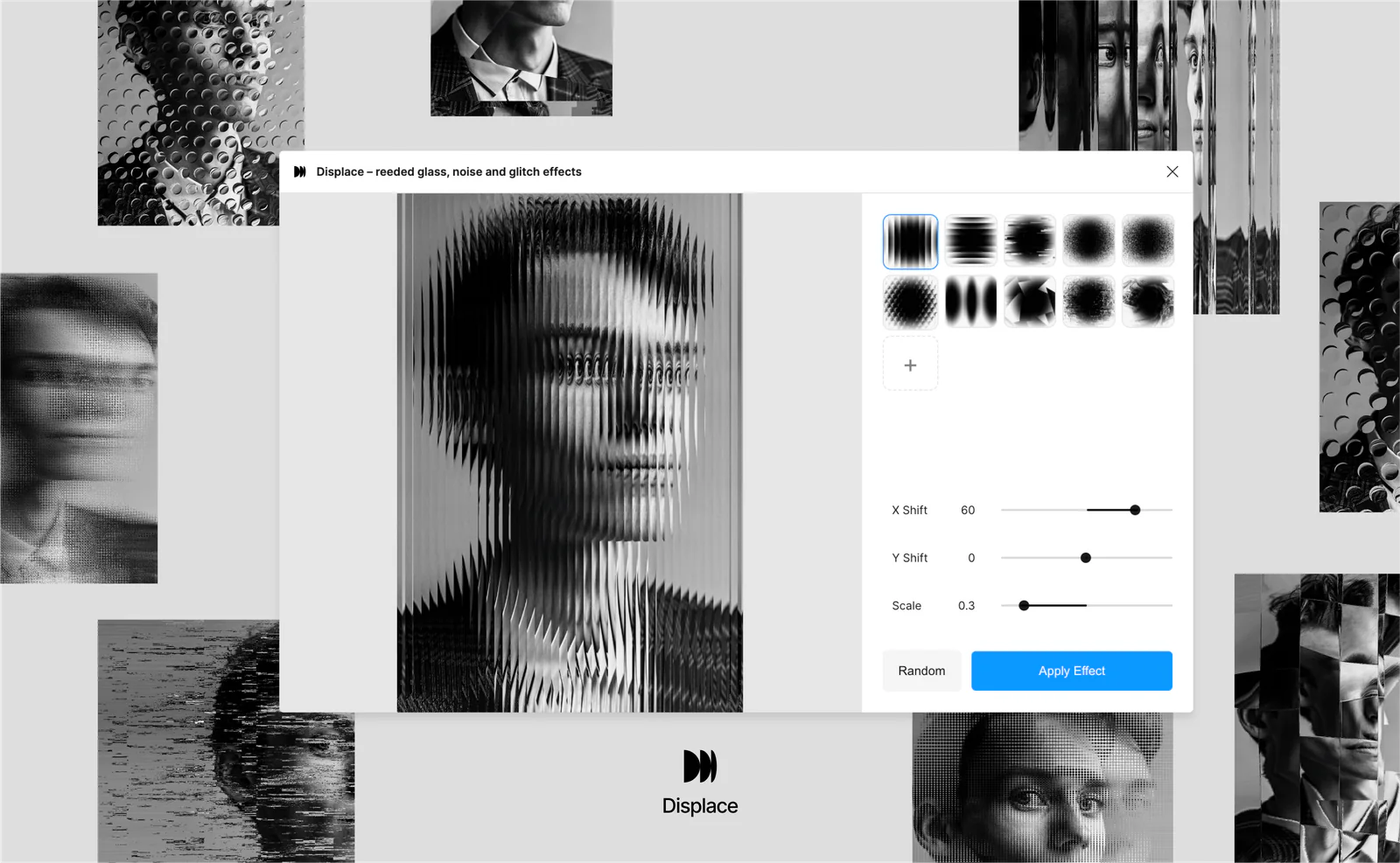 Displace – pattern glass, noise and glitch effects Figma 插件详情预览图