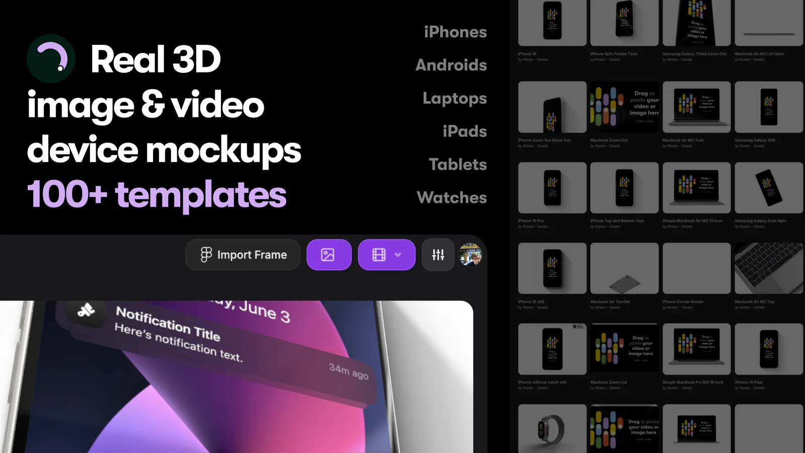 3D iPhone & device mockups: promo video + still image Figma 插件详情预览图