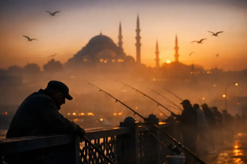 A cinematic silhouette shot of local fishermen lining the Galata Bridge in Istanbul duri