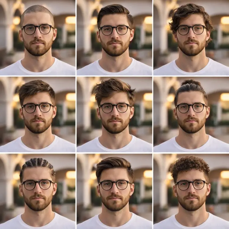 description: "A clean, aesthetic 3x3 collage portrait showcasing different men's hairsty