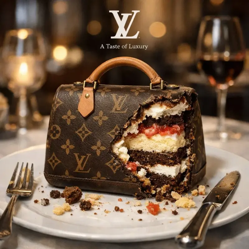 A bitten realistic classic [brand] product on the dish, revealed inner dessert layers, a