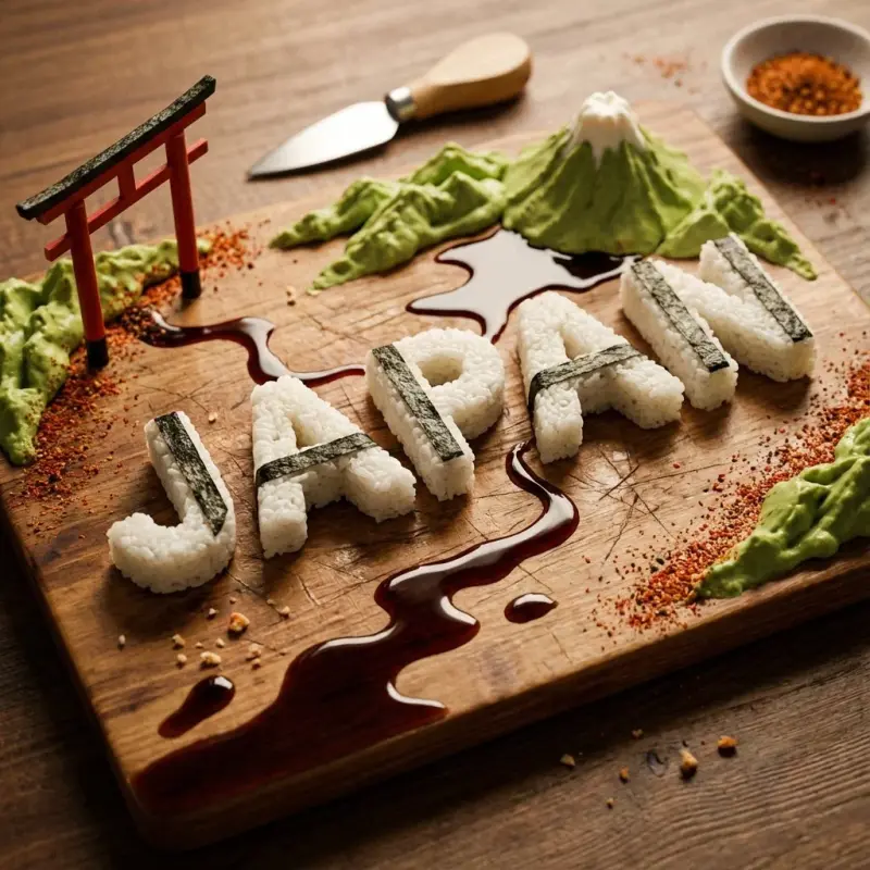 A charcuterie-style board presents JAPAN as an edible sculpture: • Letters carved from c