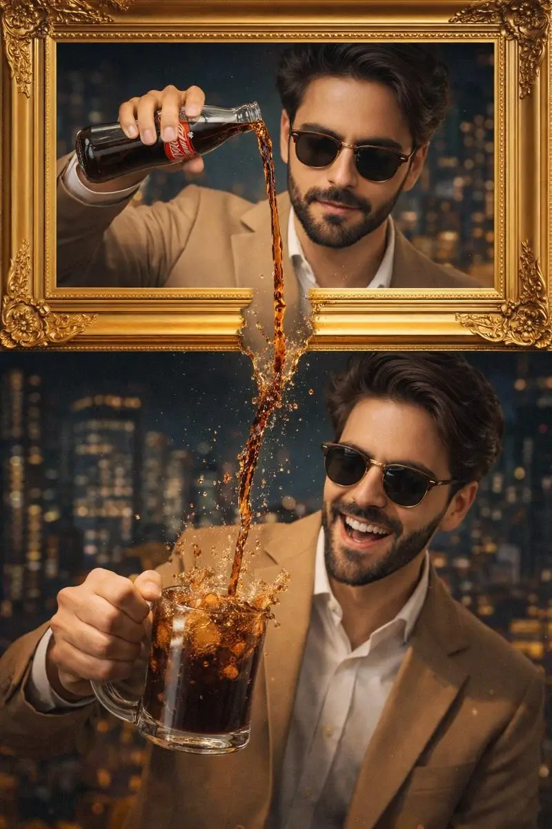 A stylish man wearing a tan suit and sunglasses is featured in a creative split image, f