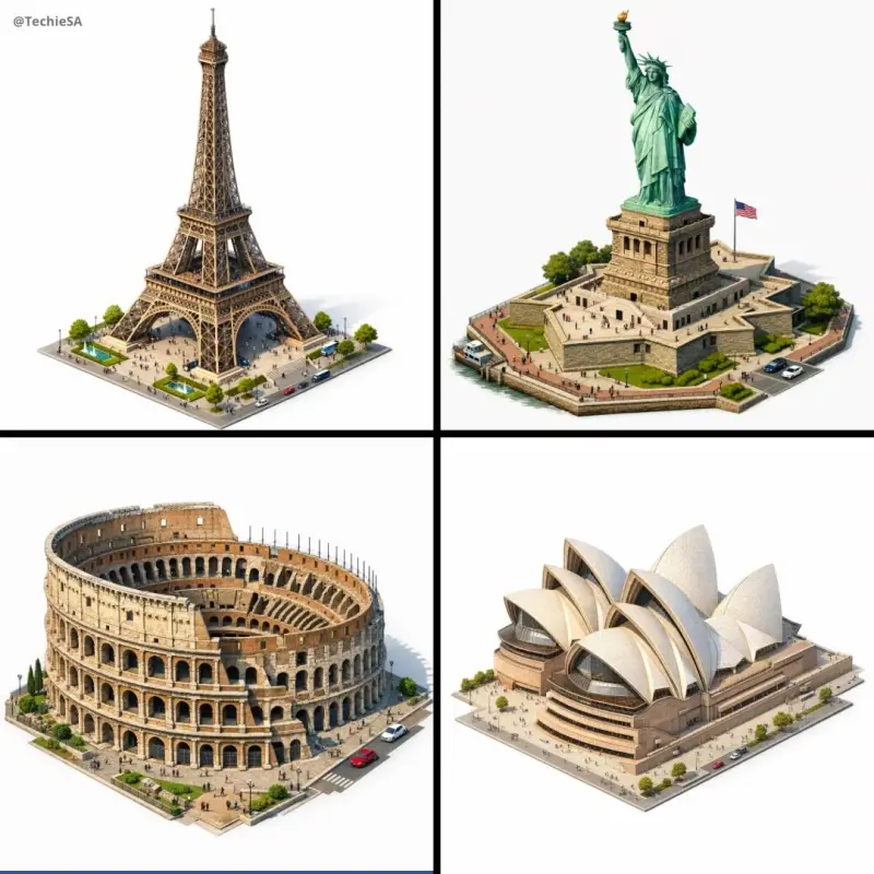 Create a highly detailed isometric 3D rendering of [LANDMARK] in architectural visualiza