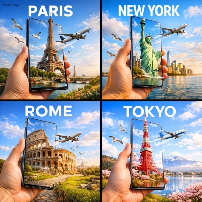 A hyper-realistic travel advertisement in square format (1080x1080), featuring a hand ho