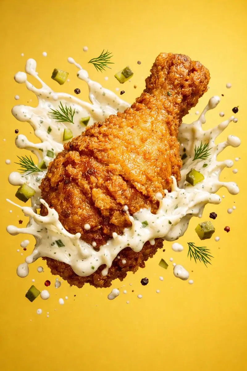 Epic 8K cinematic fantasy food scene: a colossal crispy fried chicken leg rising like a