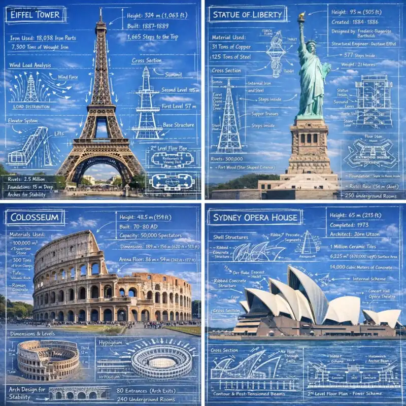 Create an infographic image of [LANDMARK], combining a real photograph of the landmark w