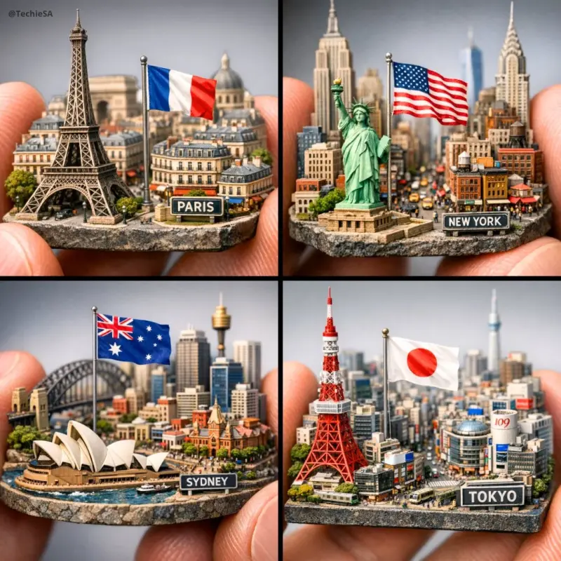 Extreme close-up macro of miniature city diorama [CITY, COUNTRY] on a solid base, held b