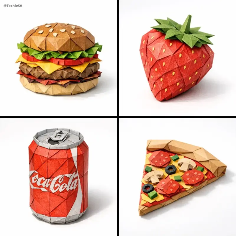 A hyper-detailed origami [FOOD ITEM] folded from realistic colored paper with visible cr