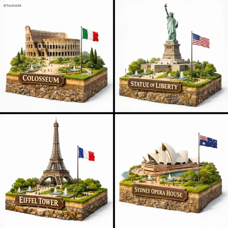 Create a hyper-realistic 3D diorama-style model of [LANDMARK NAME]. The model should app