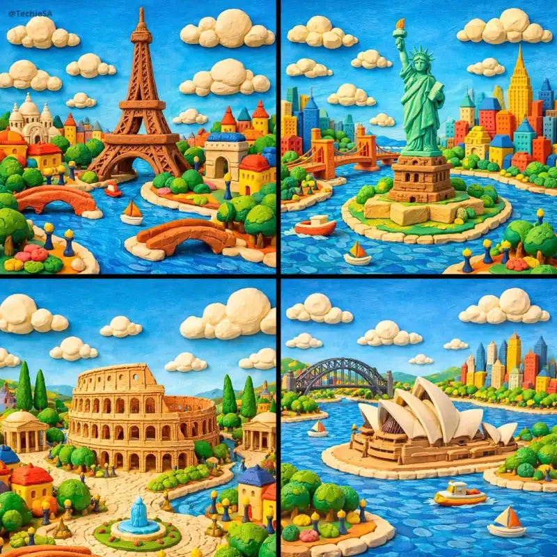 Generate a whimsical miniature world featuring [LANDMARK NAME] crafted entirely from col