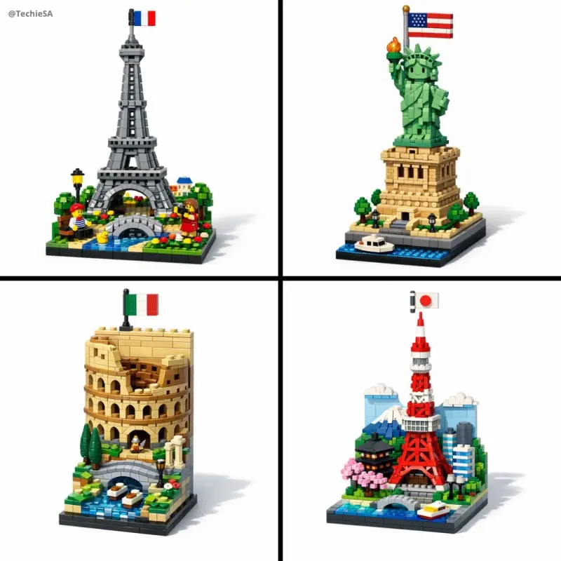 A vertical LEGO diorama showing [LANDMARK], [COUNTRY]). The scene is built entirely from