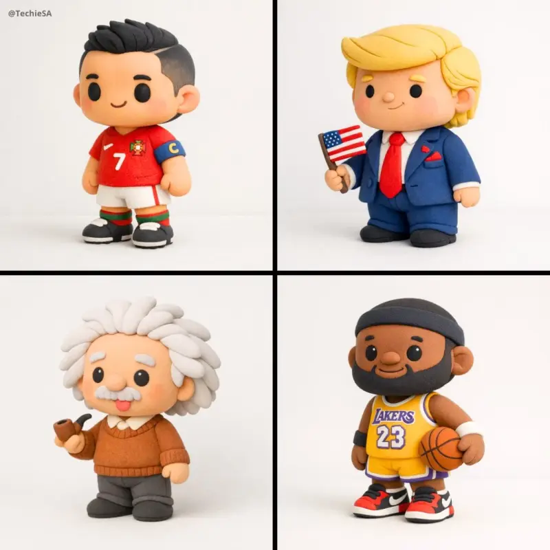 Create a stylized miniature model of [CHARACTERS] shaped entirely from soft polymer clay