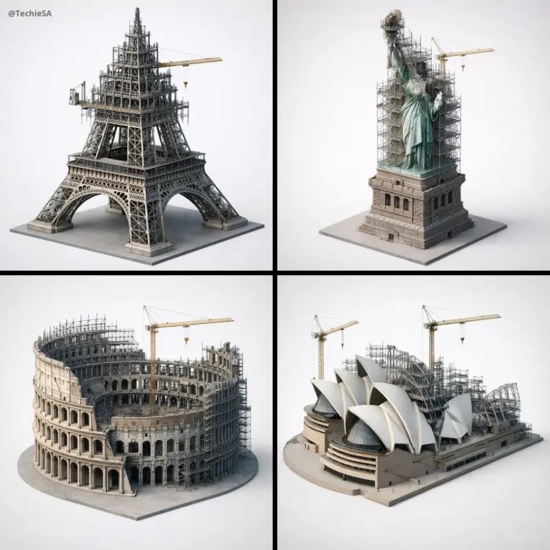Depict [LANDMARK] frozen in an eternal state of construction. Camera & Angle (LOCKED): 4