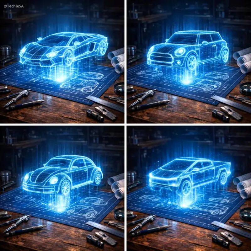 Create a hyper-realistic 3D holographic blueprint projection of a [CAR NAME] emerging as