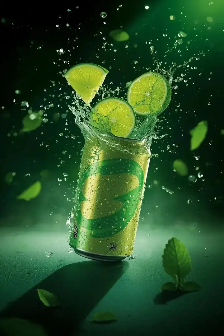 - Ultra-cinematic beverage advertising shot of a sparkling lime soda can, captured from