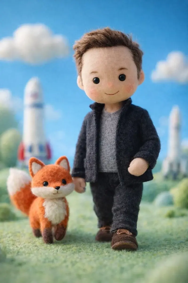 A handcrafted felt miniature illustration of [Celebrity] reimagined as a soft wool doll