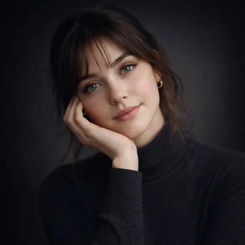 Ultra-realistic studio portrait of a young woman, front-facing, centered composition, sy