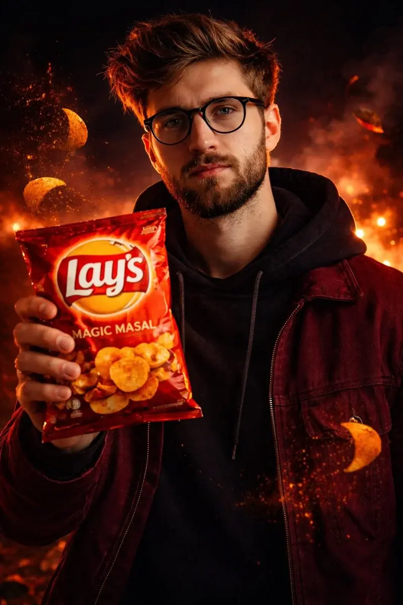 A cinematic, ultra-realistic advertising shot of a man holding a Lay’s [FLAVOR NAME] chi