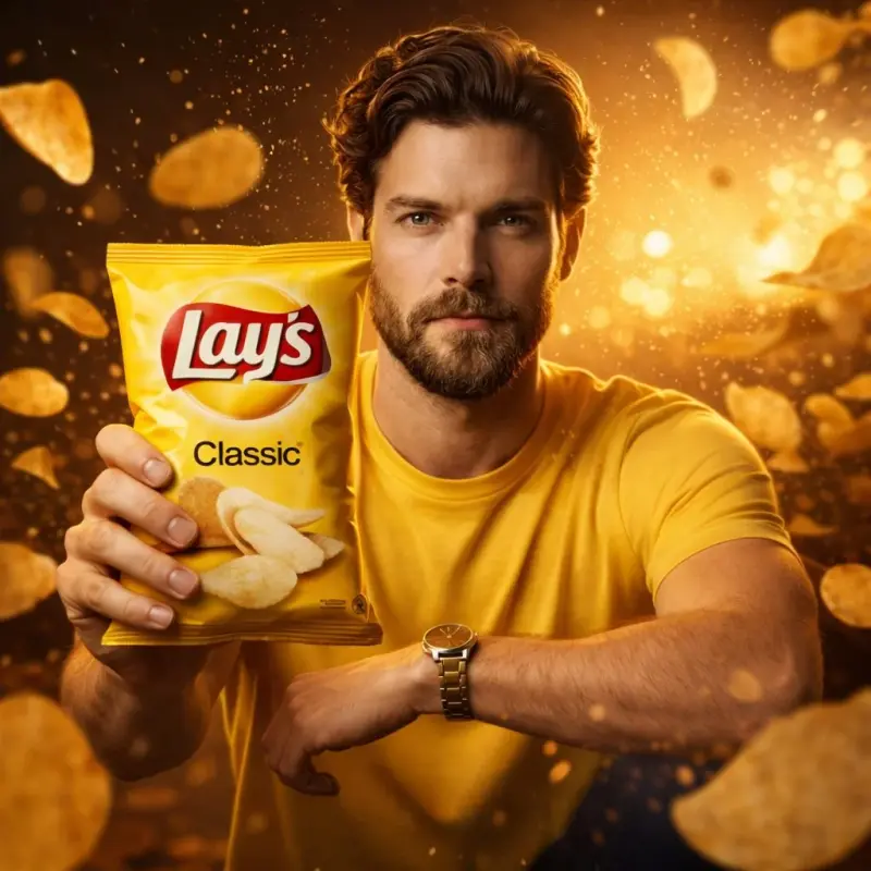 A cinematic, ultra-realistic advertising shot of a man holding a Lay’s [FLAVOR NAME] chi