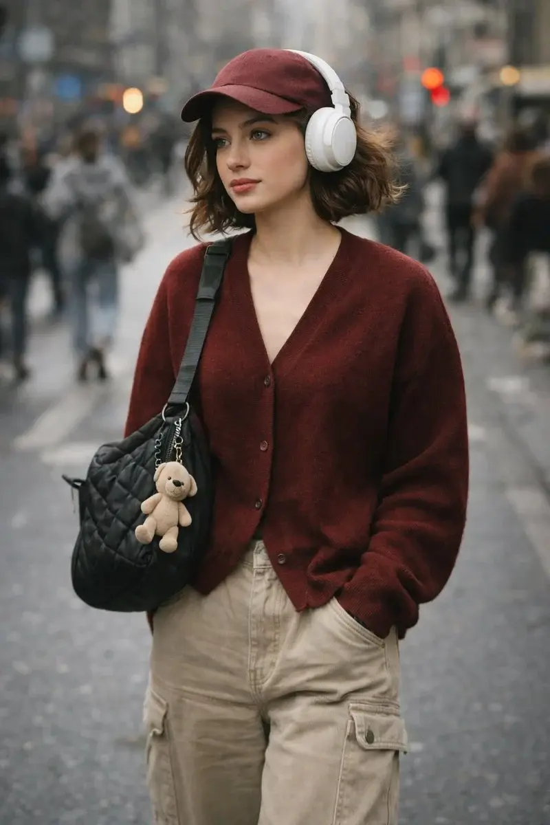 A high-quality, candid street photography shot of a stylish young woman with short wavy