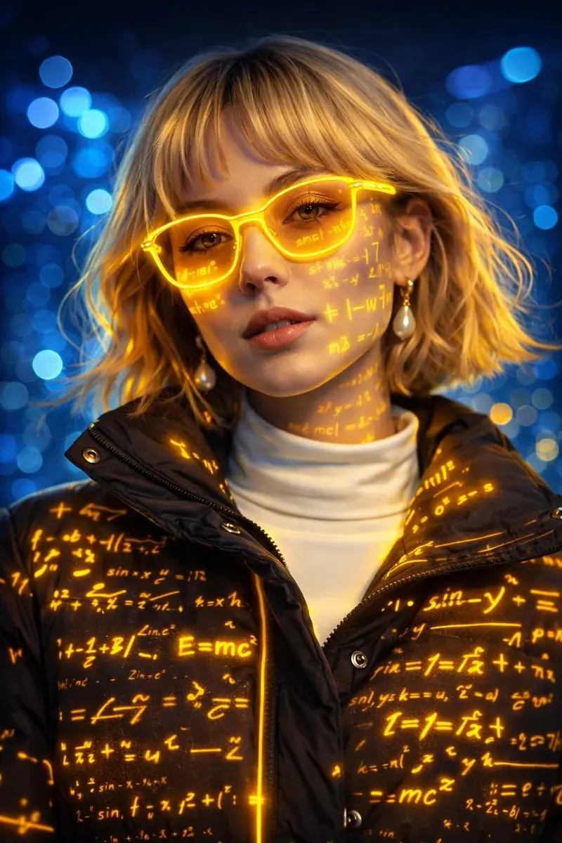 A futuristic cyber-aesthetic portrait of a young woman wearing glowing neon-yellow glass