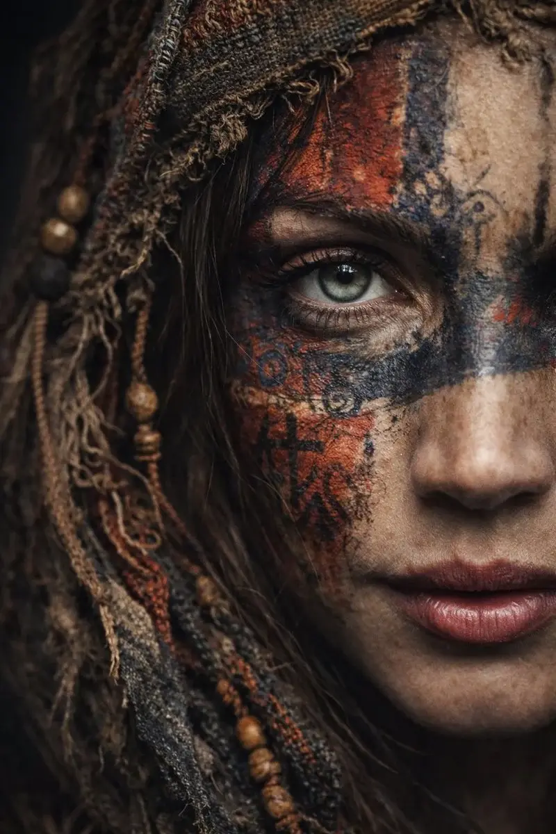 A dramatic ultra-realistic portrait of a woman shown in extreme close-up, only half of h