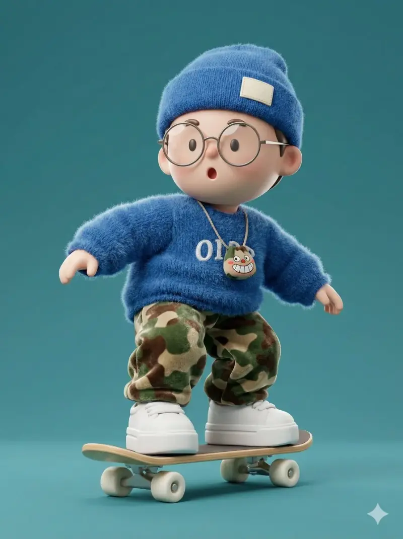 A high-fidelity 3D character render of a cute, stylized boy skateboarding in a dynamic p