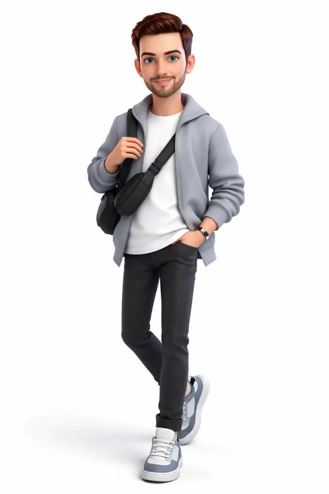 A full-body 3D stylized cartoon boy, Pixar/Disney-inspired character design, cute and mo