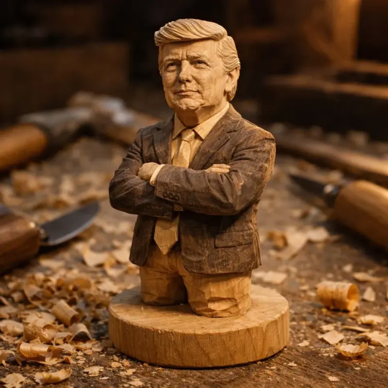 A hand-carved wooden miniature figure of [NAME], shaped with visible knife marks, natura