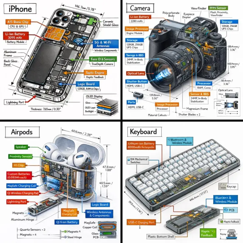 Create a technical infographic of [OBJECT] with a 45-degree isometric 3D perspective sho