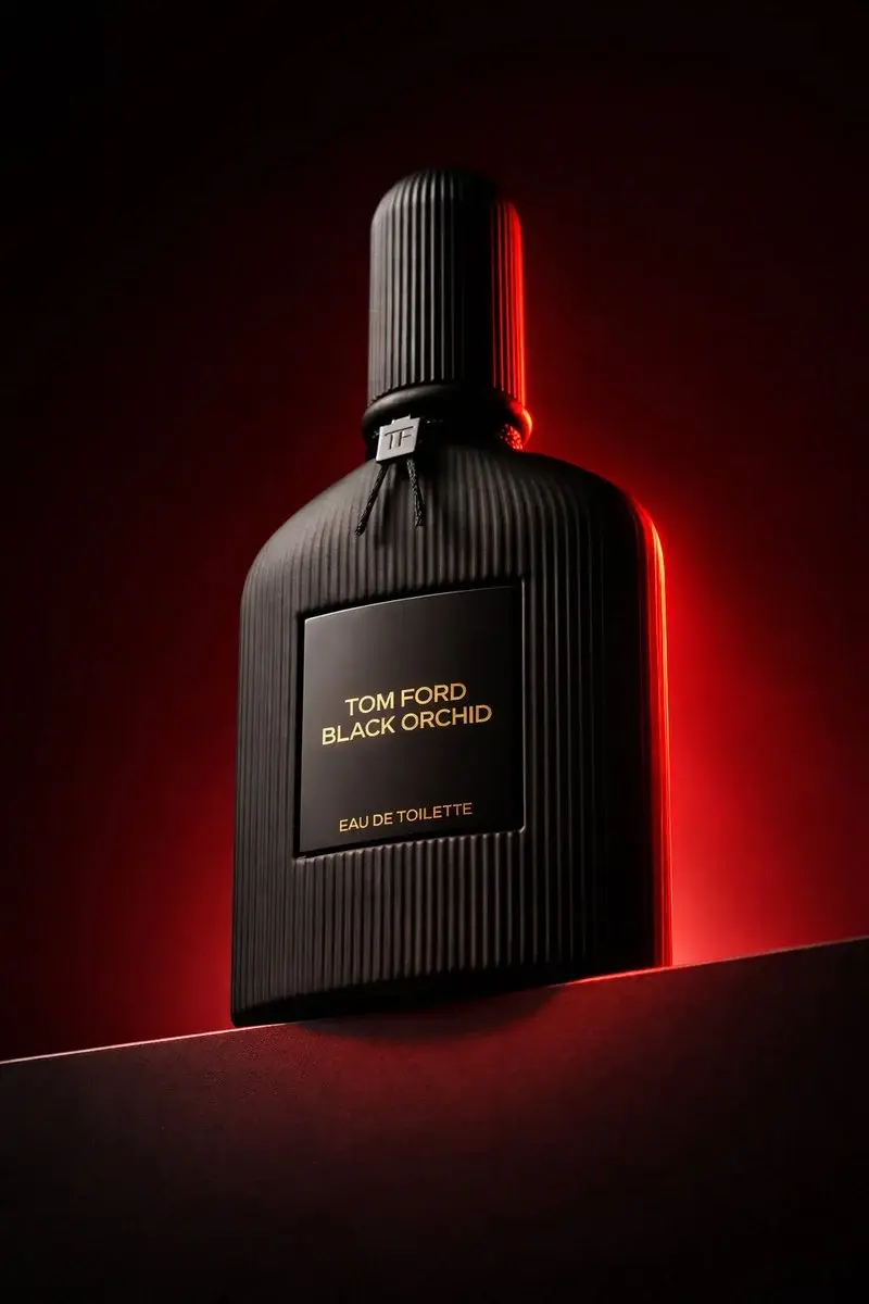 Low angle luxury product photography of a black ribbed glass perfume bottle placed on a