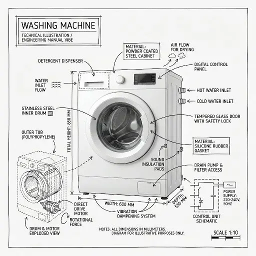 Create an infographic image of [washing machine], combining a realistic photograph or ph