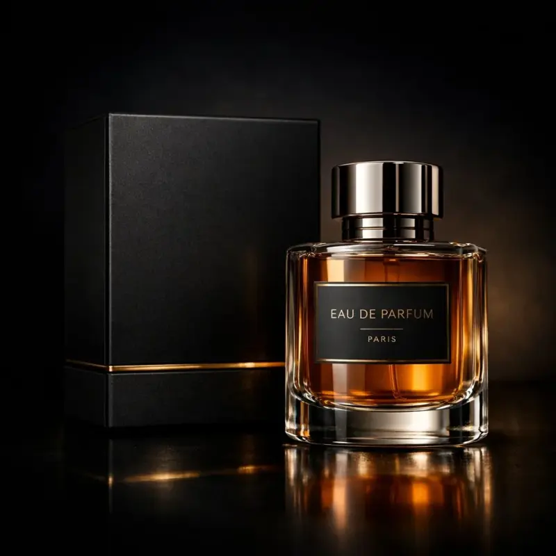 Luxury perfume product photography in a dark cinematic studio. A premium black matte per