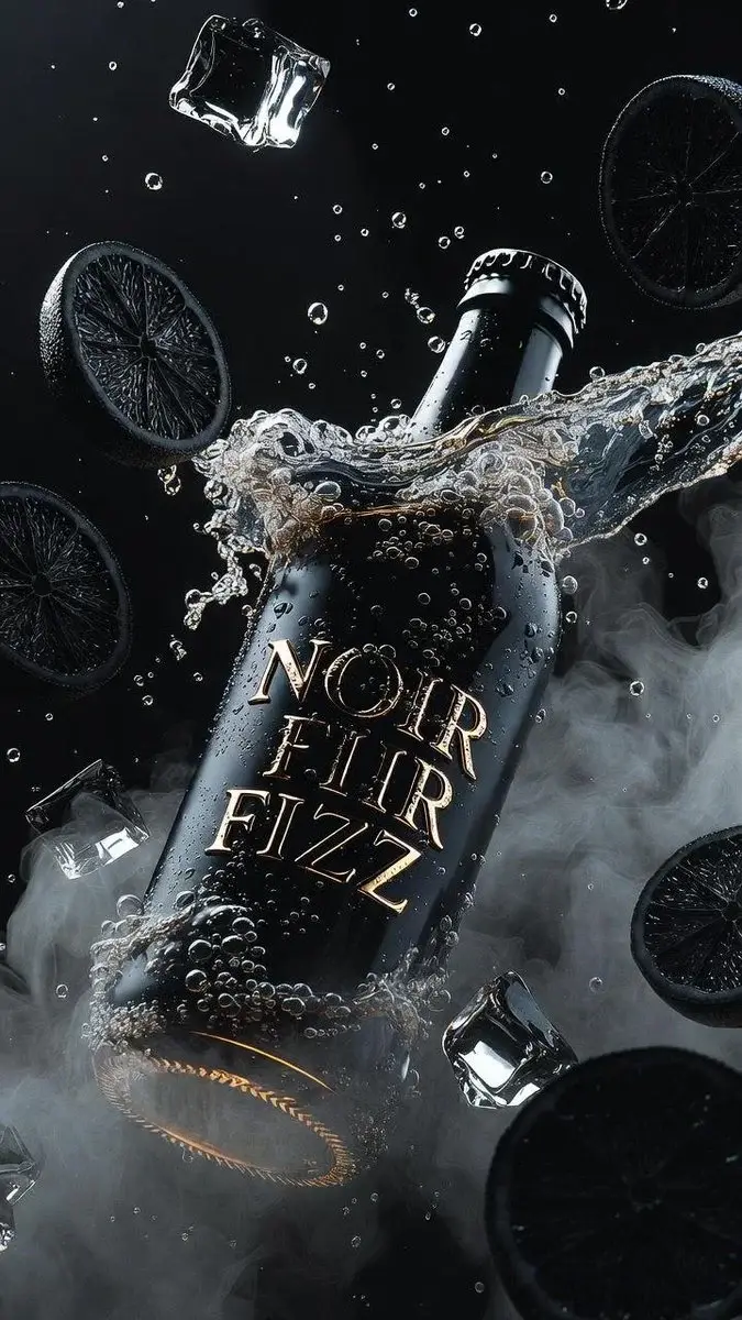 Ultra-cinematic product photography of a matte black luxury soda bottle labeled “NOIR FI