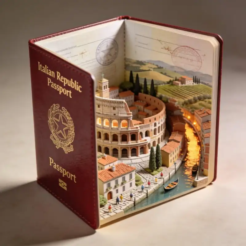 Hyper-realistic open [COUNTRY] passport on a studio surface, with gold-embossed “[Offici