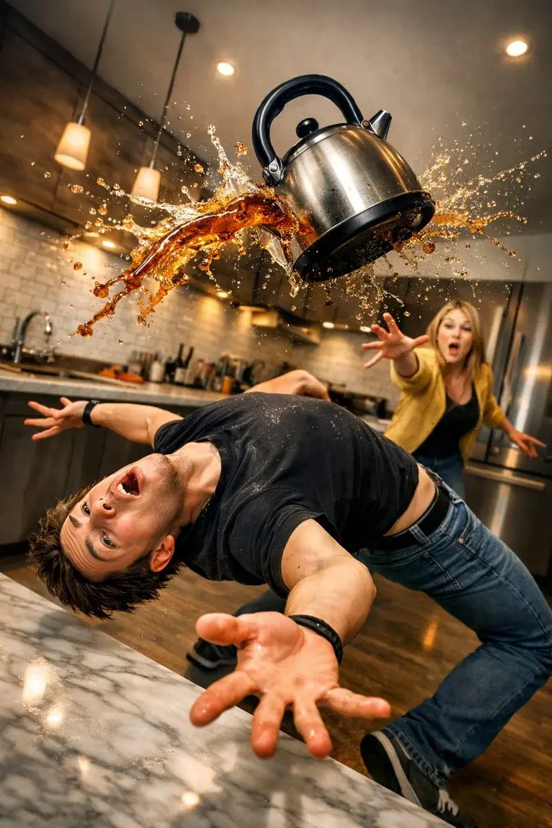Surreal comedic scene inside a modern kitchen: a young man bends backward in an extreme