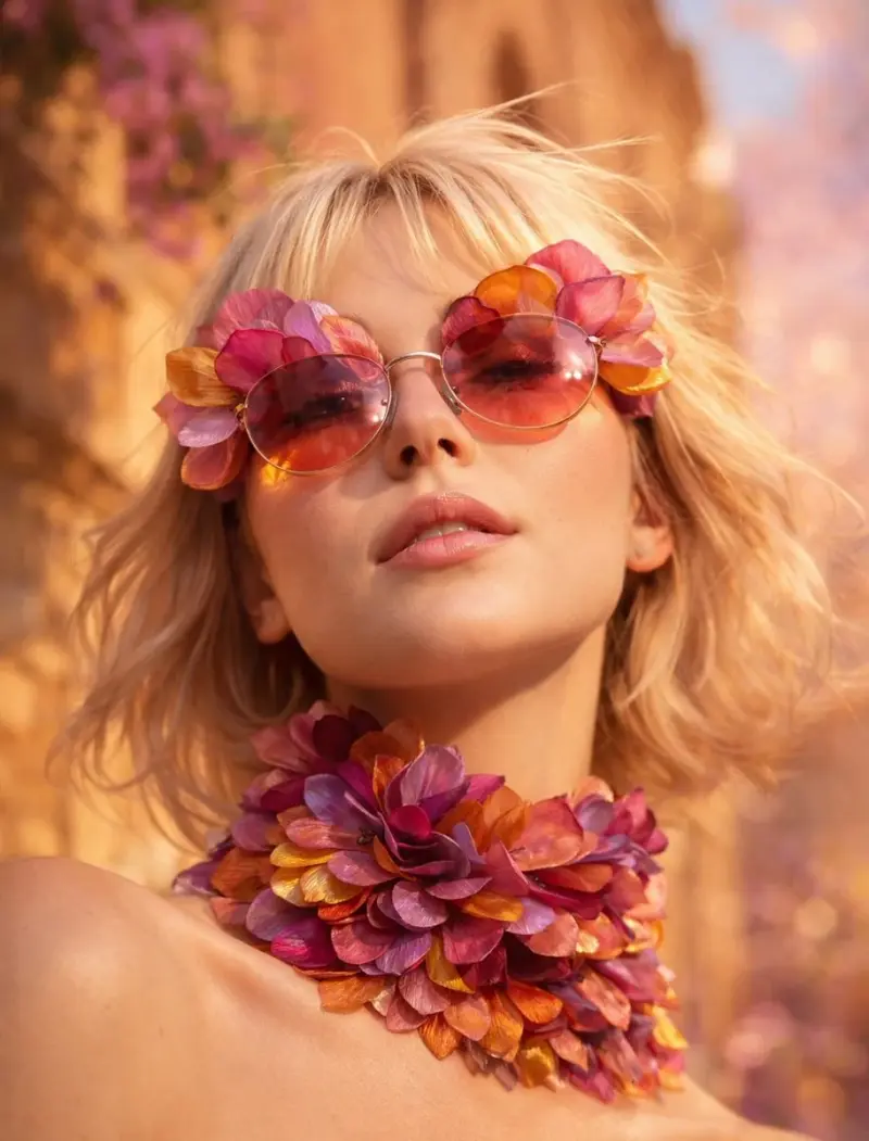 Low-angle close-up portrait of a platinum blonde woman wearing oversized sculptural sung