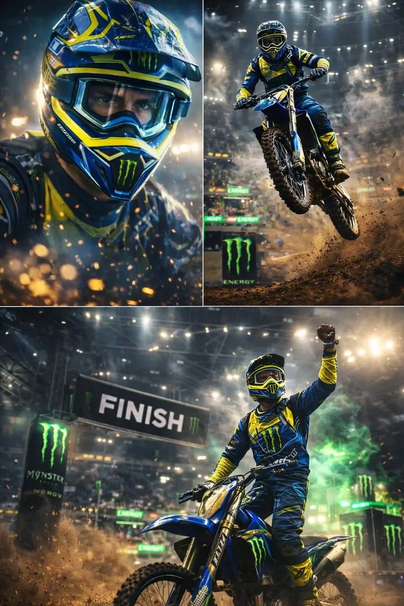 Ultra-dynamic motocross racing scene featuring a professional dirt bike rider performing