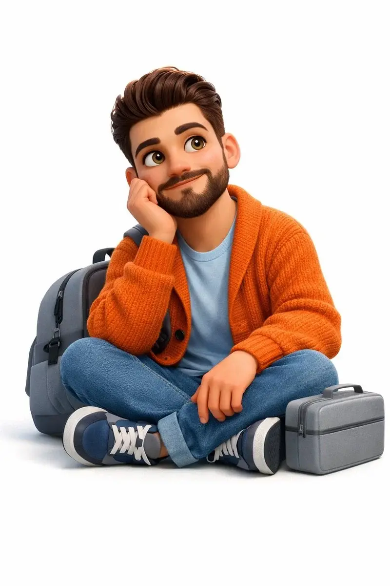create a A 3D, Pixar-style animated young man sits cross-legged on a pure white, isolate