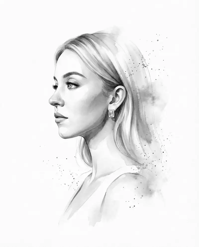 Transform the input photo into a refined monochromatic ink portrait on a pure white back