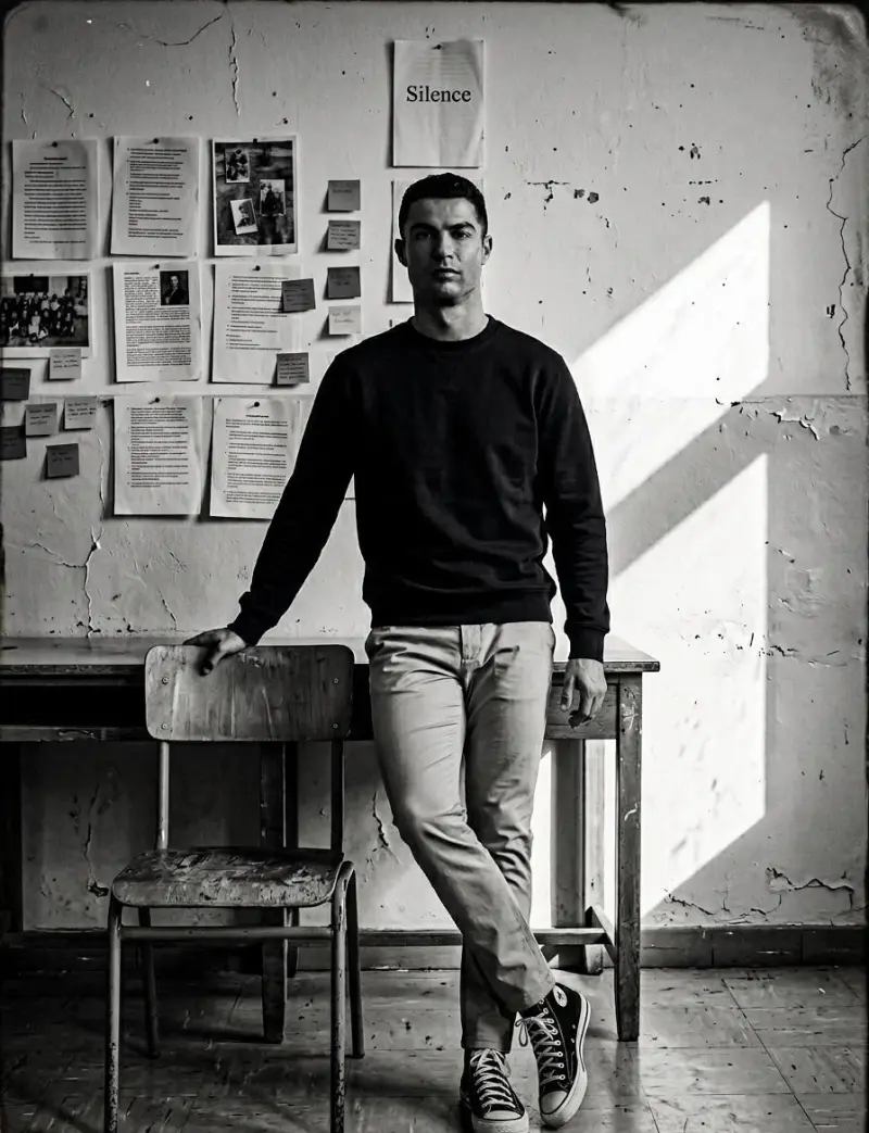 Create a high-contrast black and white portrait in a quiet classroom.Use uploaded image