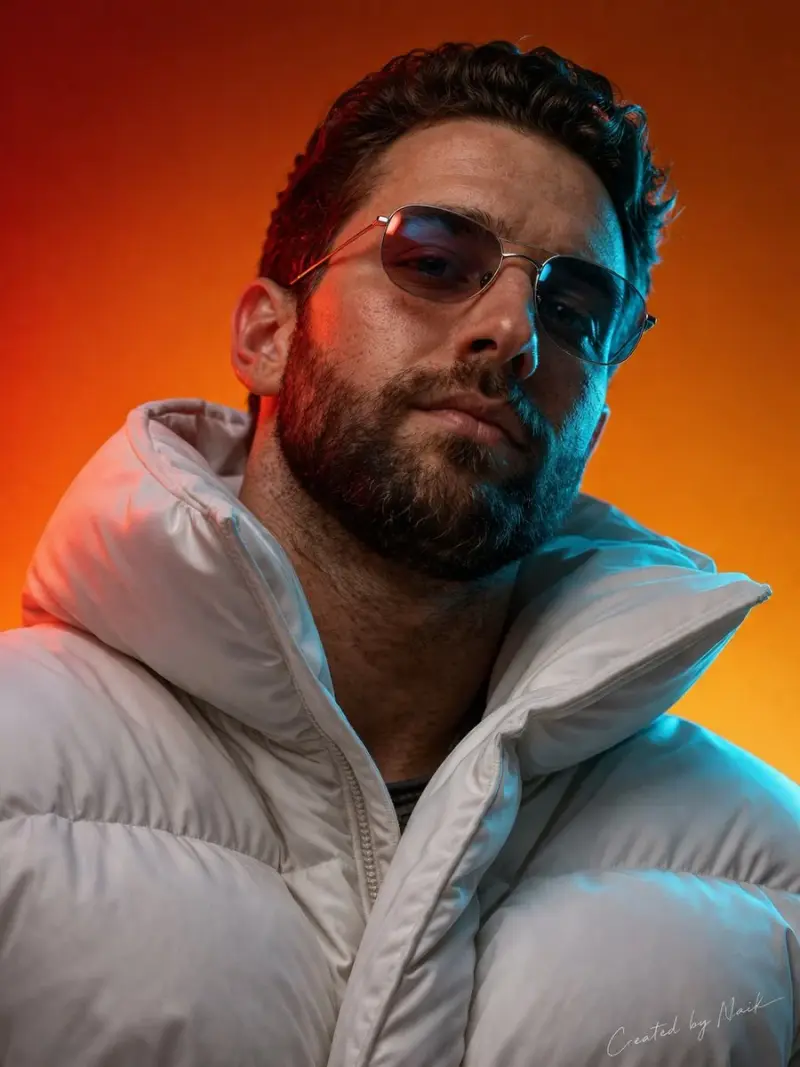 Create an ultra-photorealistic cinematic portrait of a man viewed from a slightly low an