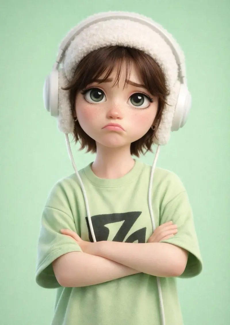 A stylized 3D cartoon character of a [PERSON] with big expressive eyes and a slightly sa