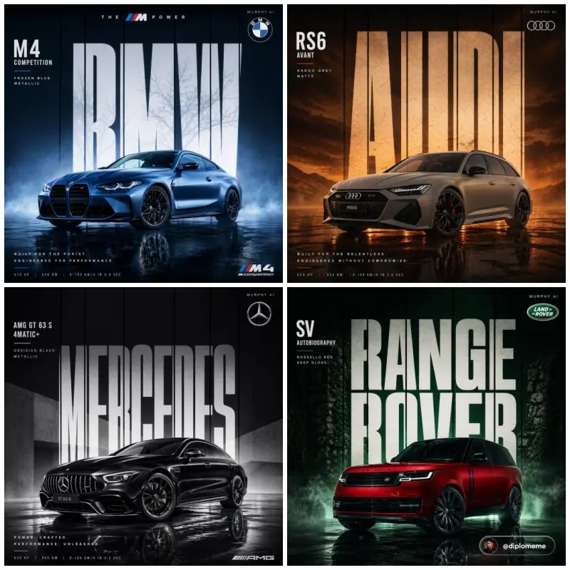 Cinematic automotive billboard poster, [CAR MODEL + VARIANT] in [PAINT COLOR + FINISH],