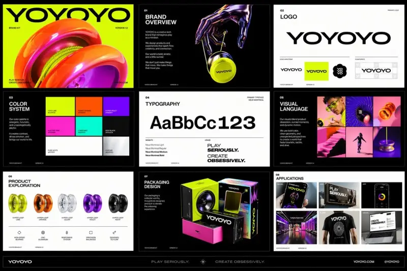 Create a polished multi-page (multiple images) brand kit for a company called [YOYOYO].
