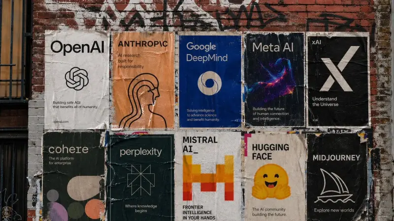 Make a wheatpaste poster setup on a brick wall in sf featuring posters from various AI l