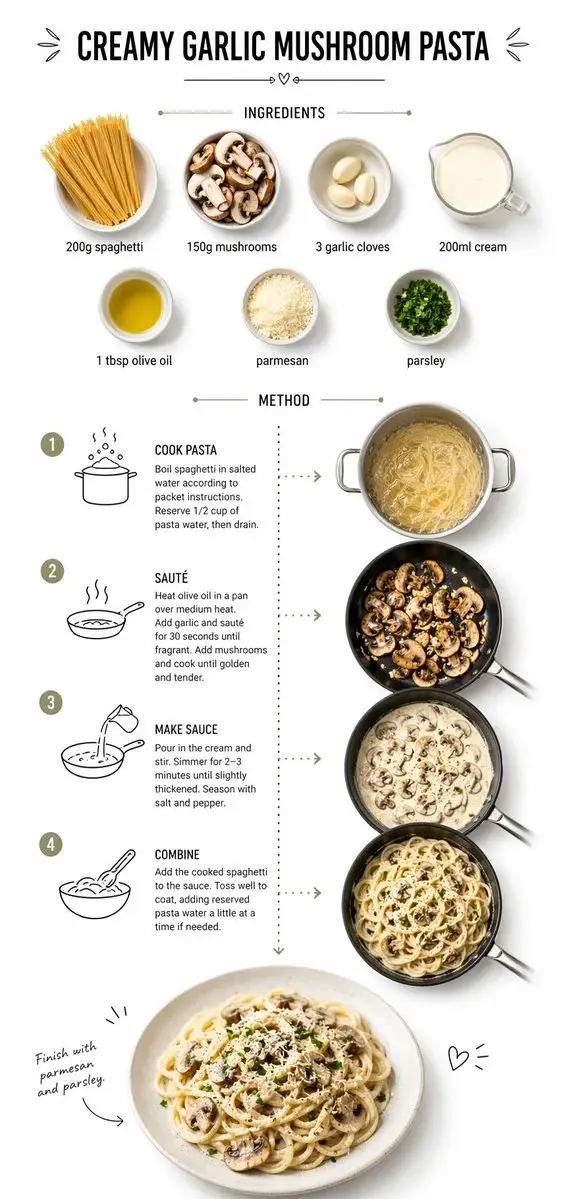 Create step-by-step recipe infographic for creamy garlic mushroom pasta, top-down view,